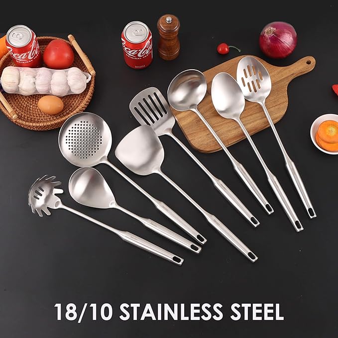 18/10 Stainless Steel Kitchen Utensils Set - 15??All Metal Cooking Tools & Serving Utensils, 8 PCS - Solid Spoon, Slotted Spoon, Spatula, Ladle, Skimmer, Tunner, Spaghetti Spoon, Large Spoon Set