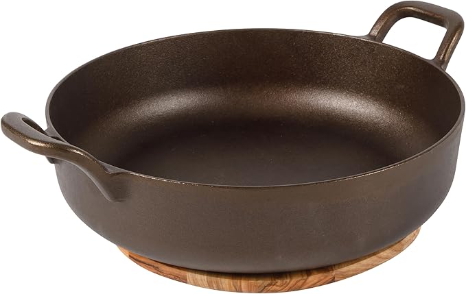 Bloomhouse - Two Time Oprah's Favorite Things Winner - Natural Bronze Finish 13" Round Cast Iron Everyday Pan ??Olive Oil Treated Surface w/Dual Handles Olive Wood Trivet Oven Stovetop Campfire Safe
