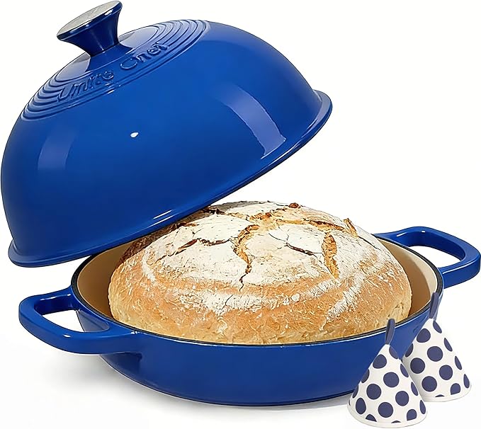 Enamelled Cast Iron Dutch Oven Pot ??Dutch Oven Pot with Lid For Sourdough Bread Baking ??Cast Iron Bread Oven ??Dark Blue, Umite Chef 6QT Pot with Lid & Cotton Potholders