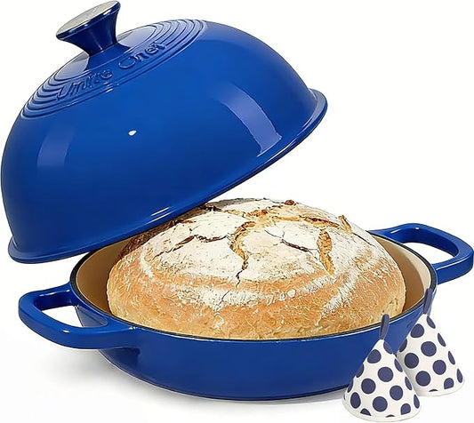 Enamelled Cast Iron Dutch Oven Pot ??Dutch Oven Pot with Lid For Sourdough Bread Baking ??Cast Iron Bread Oven ??Dark Blue, Umite Chef 6QT Pot with Lid & Cotton Potholders
