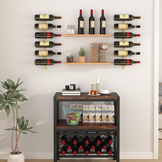 B4Life Wine Rack and Holder Wall Mounted 12 Bottles, Metal Hanging Mount Racks for Wall, Liquor, Champagne for Bottles Storage Home Bar, Cellar and Kitchen, Dining Room (Gold, 12 Bottle)
