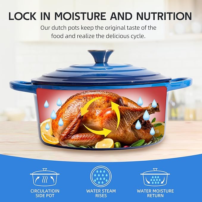 6 Quart Dutch Oven Enameled Cast Iron with Lid - Big Dual Handles - Oven Safe up to 500째F - Classic Round Pot for Versatile Cooking (Blue, 6 QT)