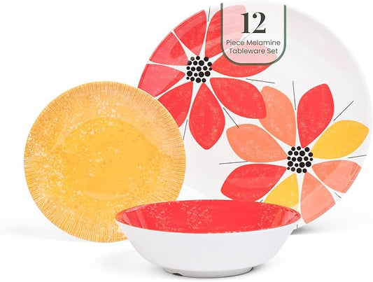 Larder & Vine 12-Piece Melamine Dinnerware Set: Durable, Lightweight, Break-Resistant Plates & Bowls ??Stylish, Non-Toxic, Dishwasher Safe ??Ideal for Everyday Use, Indoor & Outdoor Dining ??Floral