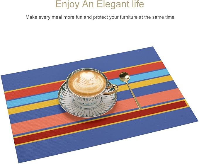 Modern Orange Blue Yellow Coral Stripes Placemat, Set of 4 Heat Resistant PVC Place Mats for Kitchen Table