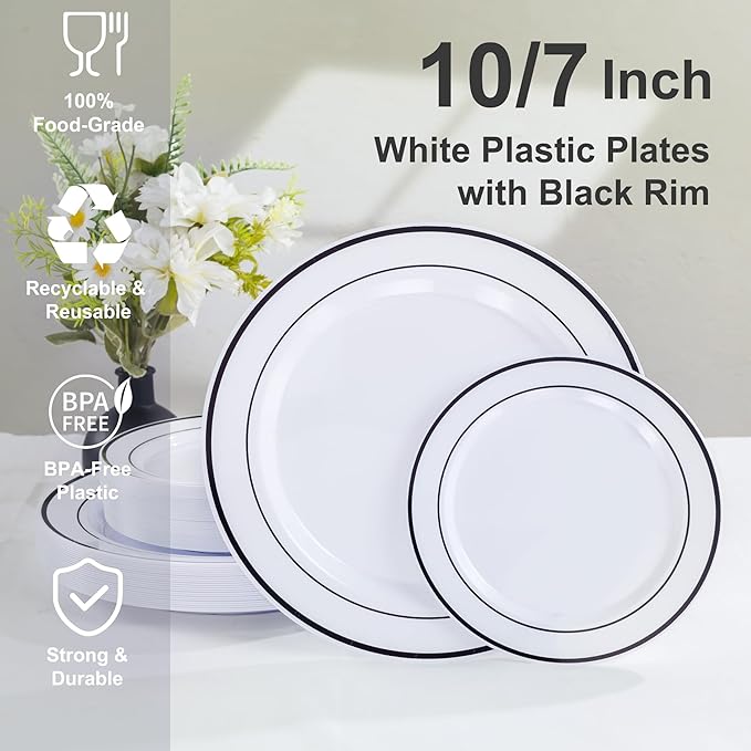 U-QE 100pcs Black Plastic Plates for Party - Black Plates Disposable Heavy Duty - Include 50 10" Dinner and 50 7" Dessert Plate, Fancy Plastic Plate for Party, Wedding, Birthday