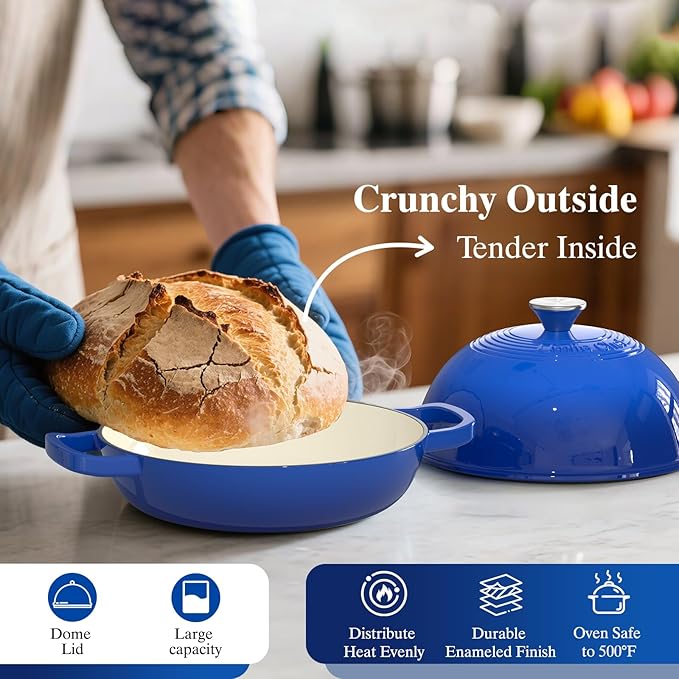 Enamelled Cast Iron Dutch Oven Pot ??Dutch Oven Pot with Lid For Sourdough Bread Baking ??Cast Iron Bread Oven ??Dark Blue, Umite Chef 6QT Pot with Lid & Cotton Potholders