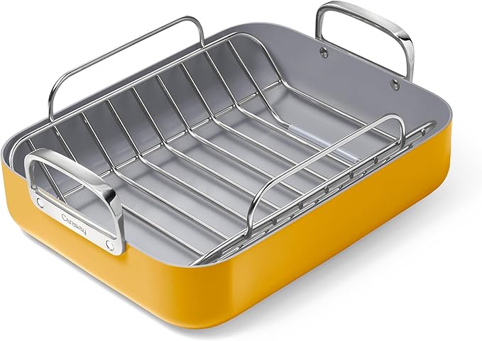 Caraway Roasting Pan - 16x13??Roasting Pan with Rack - Non-Stick Ceramic Coated - Non Toxic, PTFE & PFOA Free - Oven Safe & Compatible with All Stovetops - Marigold