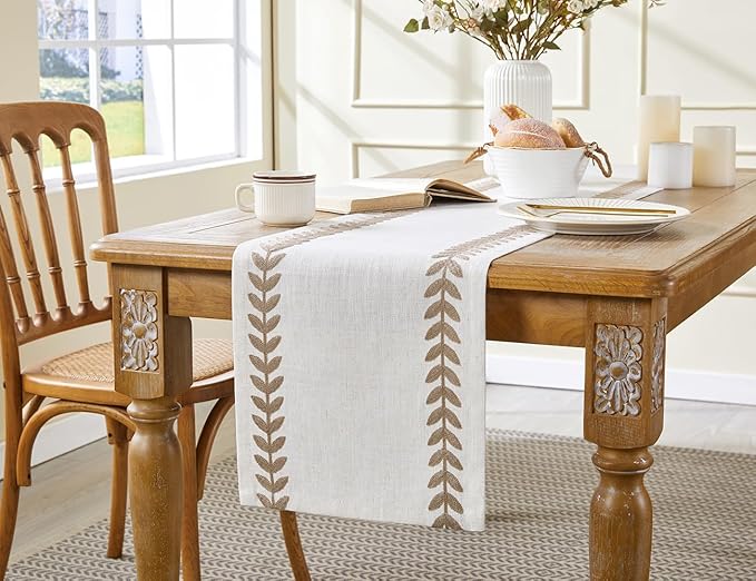 Wracra Embroidered Fall Table Runner Irregular Willow Leaf Table Runners 60 Inches Long for Dresser Home Dining Table Decor,14 x 60 Inch, Taupe