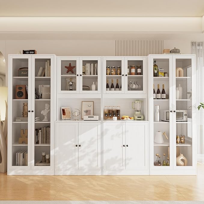 VOWNER 4PCS Bookshelf and Bookcase, 5-Tier Modern Bookshelves with 3 Large Drawer, Glass Display Cabinet with Lager Storage Shelf, Combination Storage Shelves for Home Office, White (AACC)