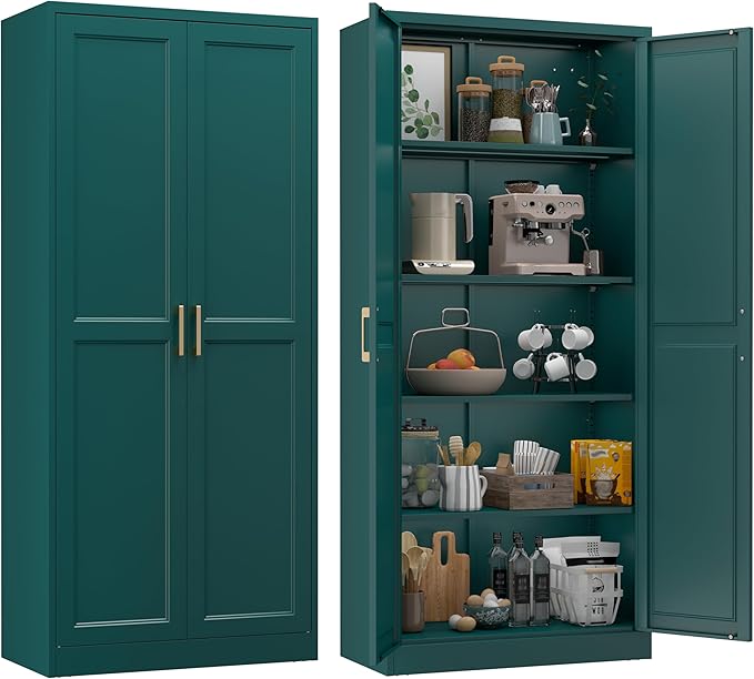 71??Metal Tall Kitchen Pantry Cabinet,Storage Cabinet with Doors and Adjustable Shelves,Modern Kitchen Hutch Cabinet,Freestanding Cupboard for Dining Living Room