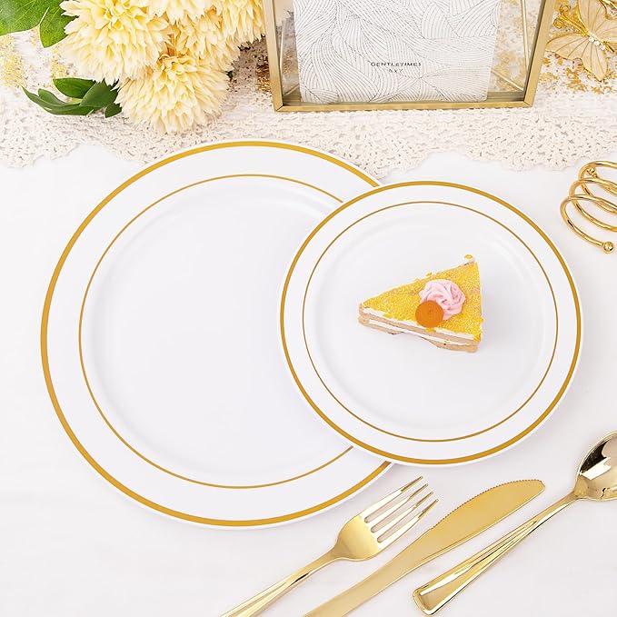 I00000 300 Pcs Gold Plastic Plates with Silverware, White and Gold Plastic Dinnerware Set for Party include: 60Dinner Plate 10.25", 60Dessert Plate 7.5", 60 Silverware Sets for Wedding & Party