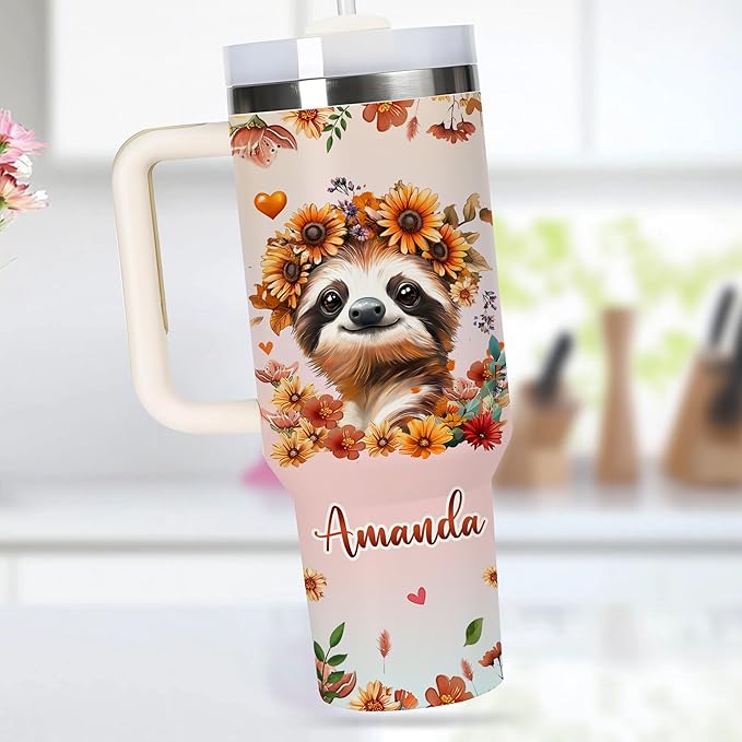 AGGLOMEKC Personalized Cute Sloth Cup - Mother's Day Birthday Gift For Animal Lovers - Just A Girl Who Loves Sloth Tumbler 40oz With Custom Name - Pet Lover Gifts For Women, Her