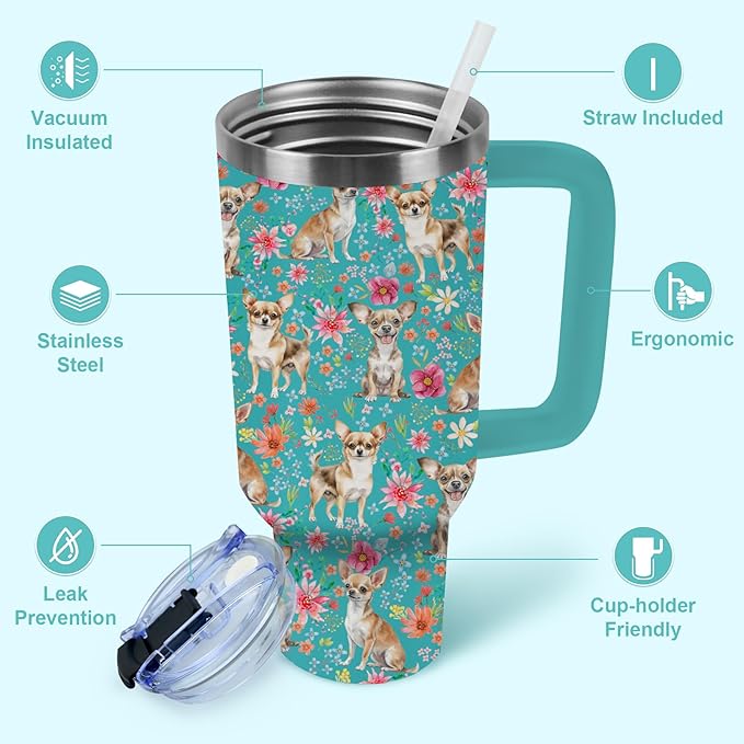 Yogusut Chihuahua Gifts for Women, 40oz Stainless Steel Insulated Tumbler Travel Mug Cup with Handle Straw, Gifts for Dog Mom Dog Lover