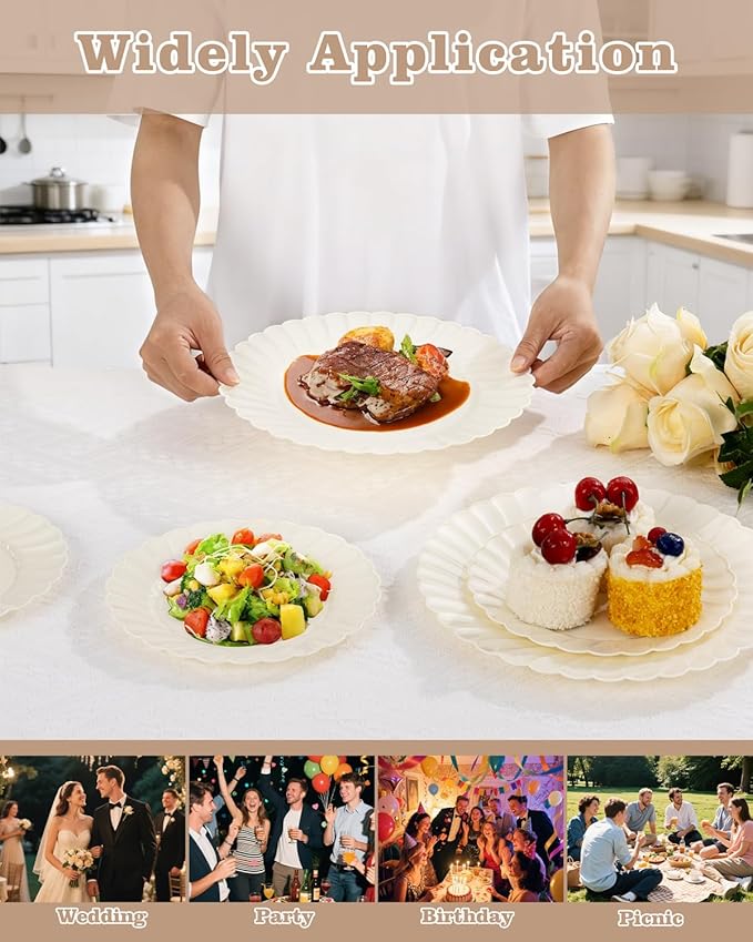 YOUBET 100PCS Ivory Scalloped Plastic Plates - Heavy Duty Disposable Fancy Hard Plates Include 50 Dinner Plate, 50 Dessert Plate, for Wedding & Party