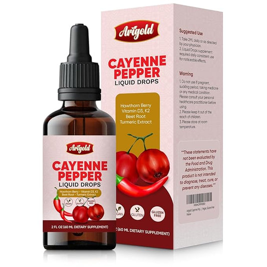Arigold Cayenne Pepper Drops ??Circulation & Energy Support Liquid Supplement with Hawthorn Berry, Beet Root, Turmeric, Vitamins D3 + K2, Ceylon Cinnamon, Berberine & Ginseng ??Vegan, Non-GMO, 2 fl oz