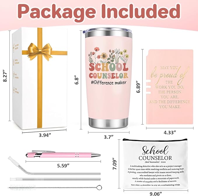 Lifecapido 4Pcs School Counselor Appreciation Gifts, 20oz Counselor Appreciation Insulated Tumbler with Lid & Straw, Makeup Bag, Notebook, Ballpoint Pen, Thank You Gifts for Educator Teacher(Pink)