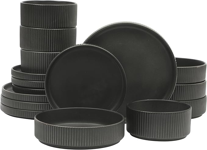 Gibson Elite Deerfield 16-Piece Stoneware Dinnerware Set ??Matte Black Reactive Glaze Plates and Bowls, Stackable, Modern Design, Service for 4 ??Microwave & Dishwasher Safe