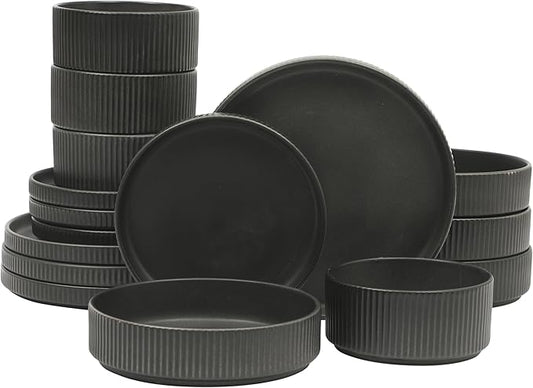 Gibson Elite Deerfield 16-Piece Stoneware Dinnerware Set ??Matte Black Reactive Glaze Plates and Bowls, Stackable, Modern Design, Service for 4 ??Microwave & Dishwasher Safe