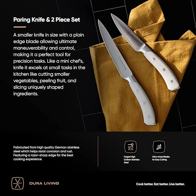 DURA LIVING 2-Piece Kitchen Knife Set ??Ultra Sharp Precision German Stainless Steel Blades, 5??Utility & 3.5??Paring Knife with Ergonomic Handles, Multipurpose for Slicing & Peeling, Cream Handle