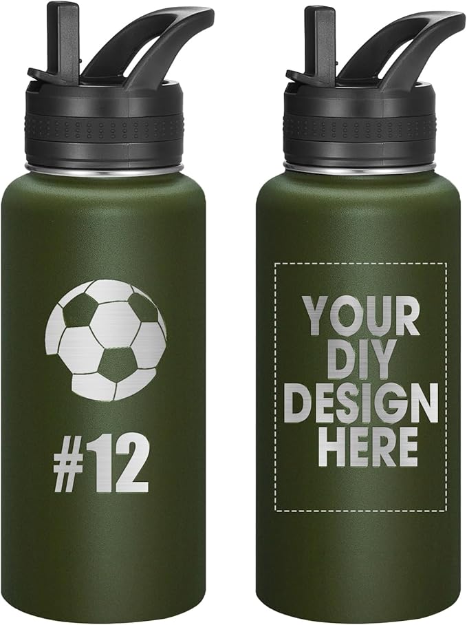 Personalized Laser Engraving Custom Water Bottle Print in USA 32oz Double Wall Stainless Steel Leakproof Wide Mouth Cup with Flip Straw