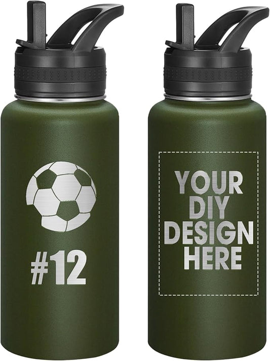 Personalized Laser Engraving Custom Water Bottle Print in USA 32oz Double Wall Stainless Steel Leakproof Wide Mouth Cup with Flip Straw