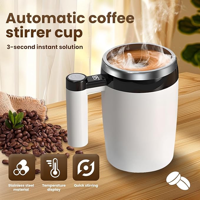 Electric Magnetic Stirring Coffee Mug, 2026 New Automatic Stirring Coffee Cup with Temperature Display, 12.85oz Self-Stirring Mug with Lid Suitable for Coffee, Milk, and Other Beverages (2PCS Black)