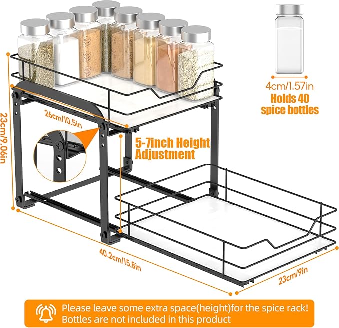 Spice Rack Organizer for Cabinet, 2 Tier Vertical Pull Out Spice Rack ??Heavy Duty Metal Spice Organization for Cabinet, 40-Jar Capacity, Height Adjustable Cabinet Organizer (9"W횞10.5"D횞9"H, Black)