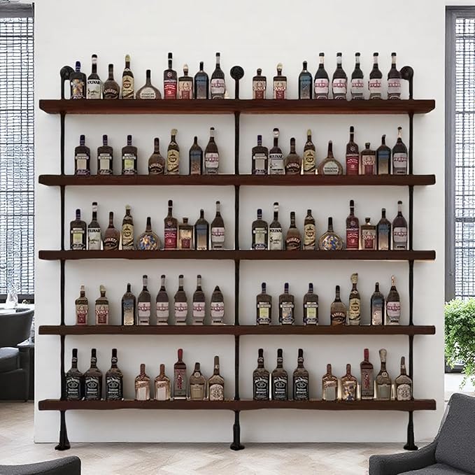 59 Inch Industrial Wall Mounted Wine Rack, 5-Tier Rustic Metal Floating Shelves, Large Capacity Wall Bar Shelves for Liquor Bottles for Home Bar & Dining Room, Walnut(Without Lights)