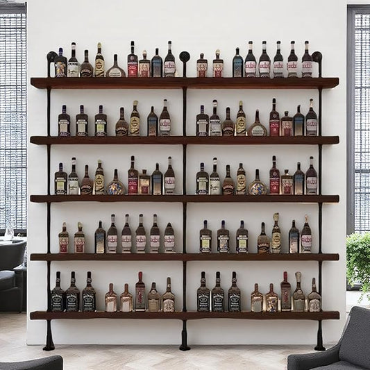 31 Inch Industrial Wall Mounted Wine Rack, 5-Tier Rustic Metal Floating Shelves, Large Capacity Wall Bar Shelves for Liquor Bottles for Home Bar & Dining Room, Walnut(Without Lights)