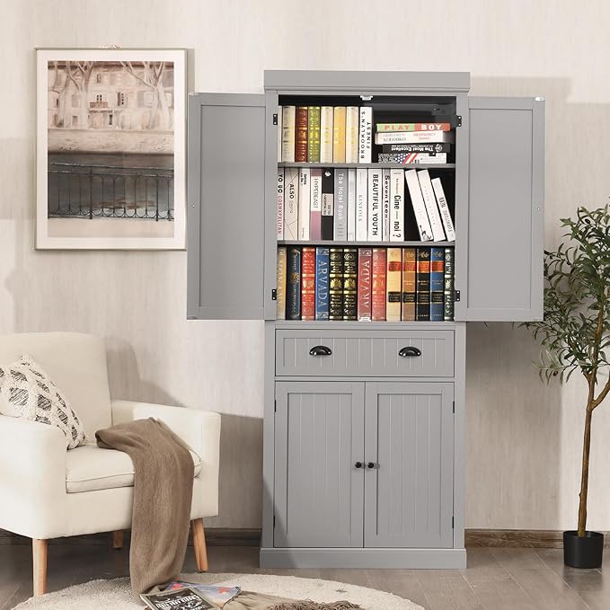 DORTALA 72??Tall Kitchen Pantry Cabinet, Wood Storage Cupboard w/ 4 Adjustable Shelves, 2 Cabinets & Drawer, Utility Freestanding Storage Cabinet for Kitchen, Hallway, Living Room, Grey
