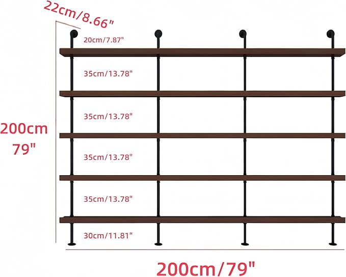 79 Inch Industrial Wall Mounted Wine Rack, 5-Tier Rustic Metal Floating Shelves, Large Capacity Wall Bar Shelves for Liquor Bottles for Home Bar & Dining Room, Walnut(Without Lights)
