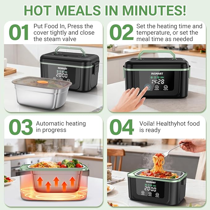 Cordless Electric Lunch Box for Adults, 1.5L Large Portable Heated Lunch Boxes with Smart Timer and 60W Rapid Uniform Heating, 304 Stainless Steel Lunch Box for Office, Travel, Car & Home Use