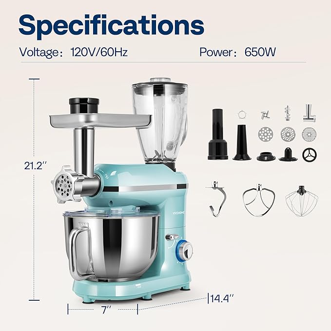 VIVOHOME 3-in-1 Stand Mixer, 6 Quart Electric Tilt-Head Kitchen Mixer with Bowl, Multifunctional Food Mixer with Meat Grinder and Blender Attachments, Dough Hook, Beater, and Whisk, Blue