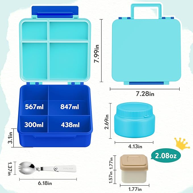 Aimsnk Kids Bento Lunch Box with 8oz Soup Thermo, Kids Leakproof Lunch Food Containers with 4 Compartment,Insulated Hot Food Jar with Lunch Bag for School, Travel (Blue-No lunch bag)