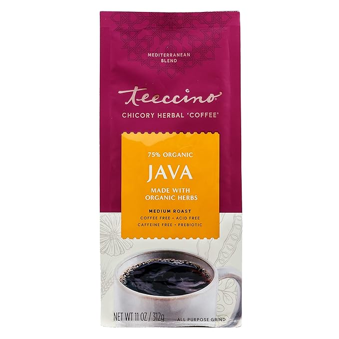 Teeccino Java Chicory Coffee Alternative - 11 Ounce - Ground Herbal Coffee That?™s Prebiotic, Caffeine Free & Acid Free, Medium Roast