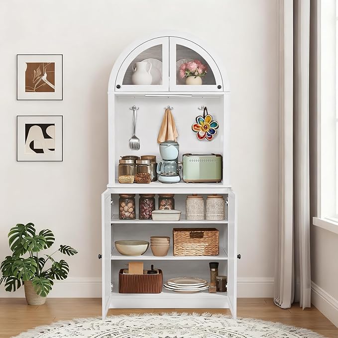 71" Tall Arched Kitchen Pantry Cabinet, Farmhouse Storage Cabinet with LED Light, Adjustable Shelves & Glass Door, Versatile Cupboard for Kitchen, Dining Room, Bathroom