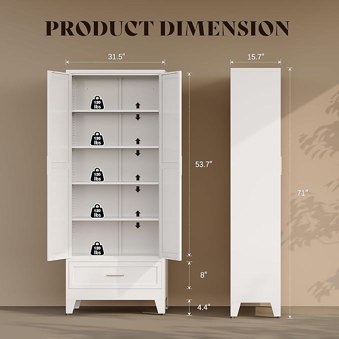 71?쏦 Kitchen Pantry Cabinet with Drawers,Tall Kitchen Pantry Cabinets,Metal Food Storage Cabinets, White Pantry Cabinet with 4 Doors, Large Freestanding Cabinets for Dining Room, Living Room