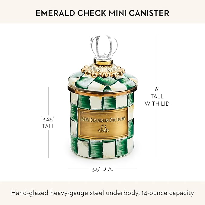 MACKENZIE-CHILDS Mini Enamel Canister, Kitchen Storage Container with Lid, Green-and-White Emerald Check