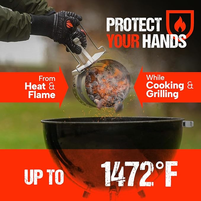GRILL HEAT AID Extreme Heat Resistant BBQ Gloves - 1472째F Heat Proof Grill Gloves for Grilling EN407 Certified Fireproof Gloves for Fire Pit & Smoker, High Temp Grill Mitts for Outdoor Cooking & Oven