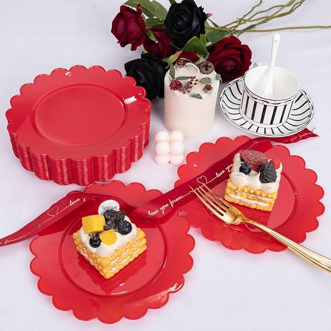 SUT 72Pcs Red Plastic Plates-7.5inch Dessert Plates, Red Disposable Plates, Disposable Plate,Fancy plastic plate, Heavy Duty Plastic Plates for Wedding & Parties