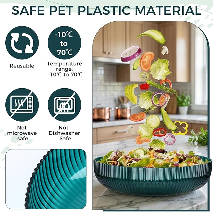 10 Pack 10 Inch Large Plastic Serving Bowls Salad Mixing Bowl Vertical Ribbed Pattern Buffet Party Serving Bowls for Vegetable Fruit Salad Candy Chip Popcorn Snack(Peacock Blue)