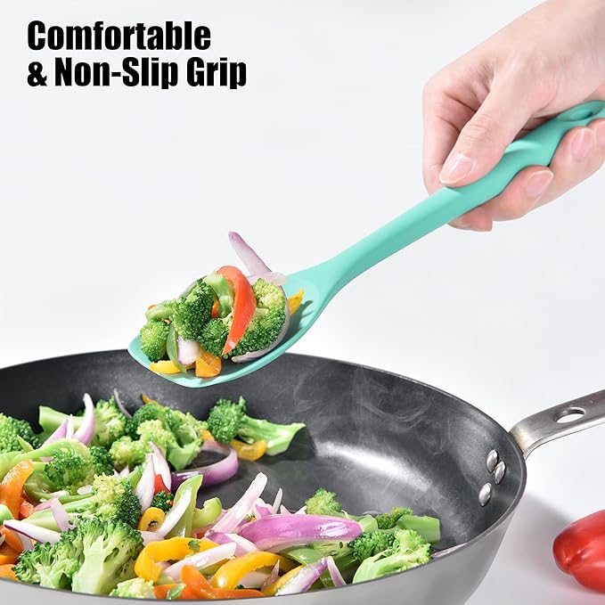 Doosu Silicone Spoon Spatula Set of 2, 600쨘F Heat-Resistant Food Grade Rubber Spoonula with Seamless Design, Non-Stick Dishwasher Safe Kitchen Utensils for Cooking, Baking, Mixing, Scraping (Aqua Sky)