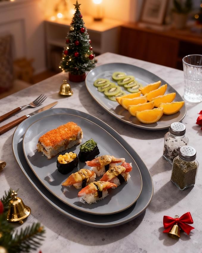 famiware Serving Platter, Oval 15.59/14.3/12.9 inch Serving Dishes for Entertaining, Serving Bowls, Microwave Safe, Fine Stonware Serving Trays for Party, Turkey, Cheese, Ocean Series, Dark Grey
