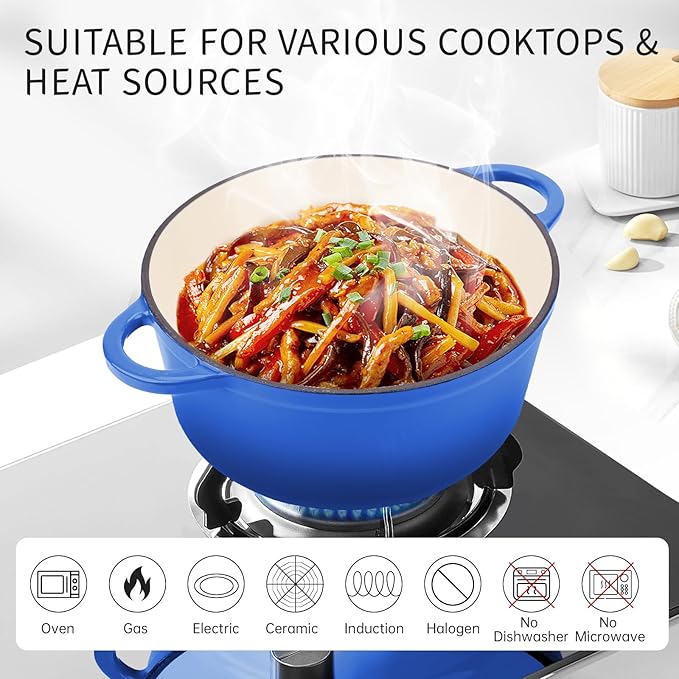 6 Quart Enameled Cast Iron Dutch Oven Pot with Lid, Oven Safe up to 500째F or on Stovetop, Non-stick Dutch Oven for Bread Baking, Cooking, Dual Handles Cookware, Cobalt Blue