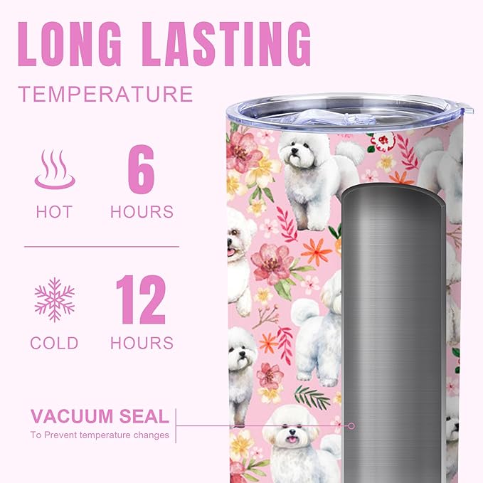 Yogusut Bichon Frise Gifts for Women, 20oz Stainless Steel Insulated Tumbler Travel Mug Cup with Lid Straw Brush, Gifts for Dog Mom Dog Lover