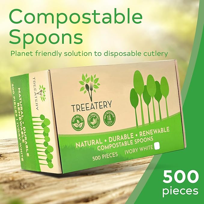 500 Compostable Spoons, Disposable Spoons, Plant-Based Compostable Utensils, BPI-Certified Disposable Cutlery, Disposable Silverware, Ivory White