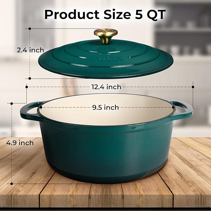 Zulay Kitchen 5 Quart Enameled Cast Iron Dutch Oven Pot with Lid ??Premium Durability & Oven Safe up to 500째F ??Heavy Duty Cookware Perfect for Bread Baking, Stews, Braising & Roasting ??Emerald