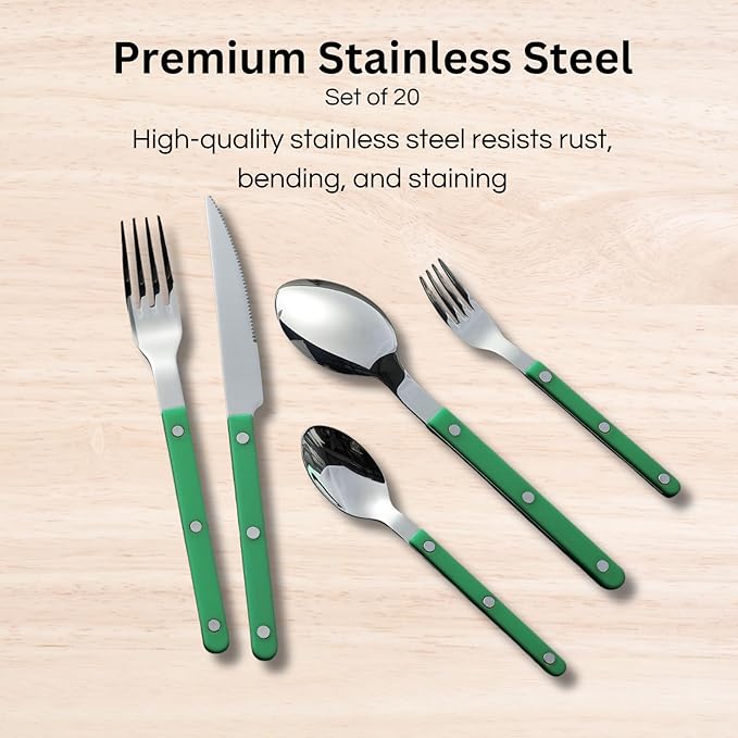 Khen Cutlery Set of 20, 18/8 Stainless Steel Flatware, Modern Silverware for Home, Kitchen, Dining & Table Setting for 4 ??Stainless Steel, Dishwasher Safe, Lightweight & Ergonomic Design Gift - Green