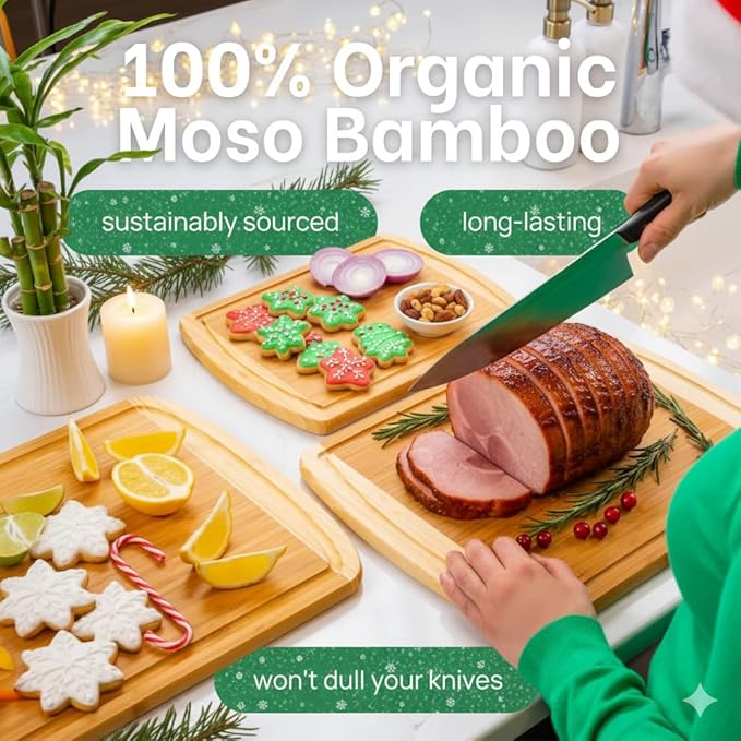 Organic Bamboo Cutting Boards for Kitchen Set of 3 with Lifetime Replacements ??Premium Extra Large Wood Chopping Boards with Juice Grooves for Carving & Serving, Non-Toxic & Durable by Greener Chef