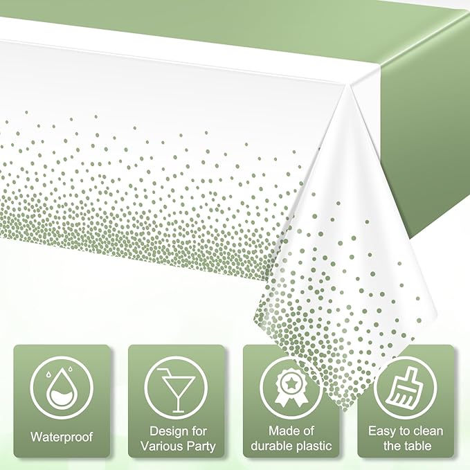 3Pcs White and Sage Green Tablecloth Decorations,Plastic White Table Cloth Printed Green Table Runner Disposable Rectangle Tables Cover for Birthday Wedding Anniversary Graduation Party,54 x108 Inch